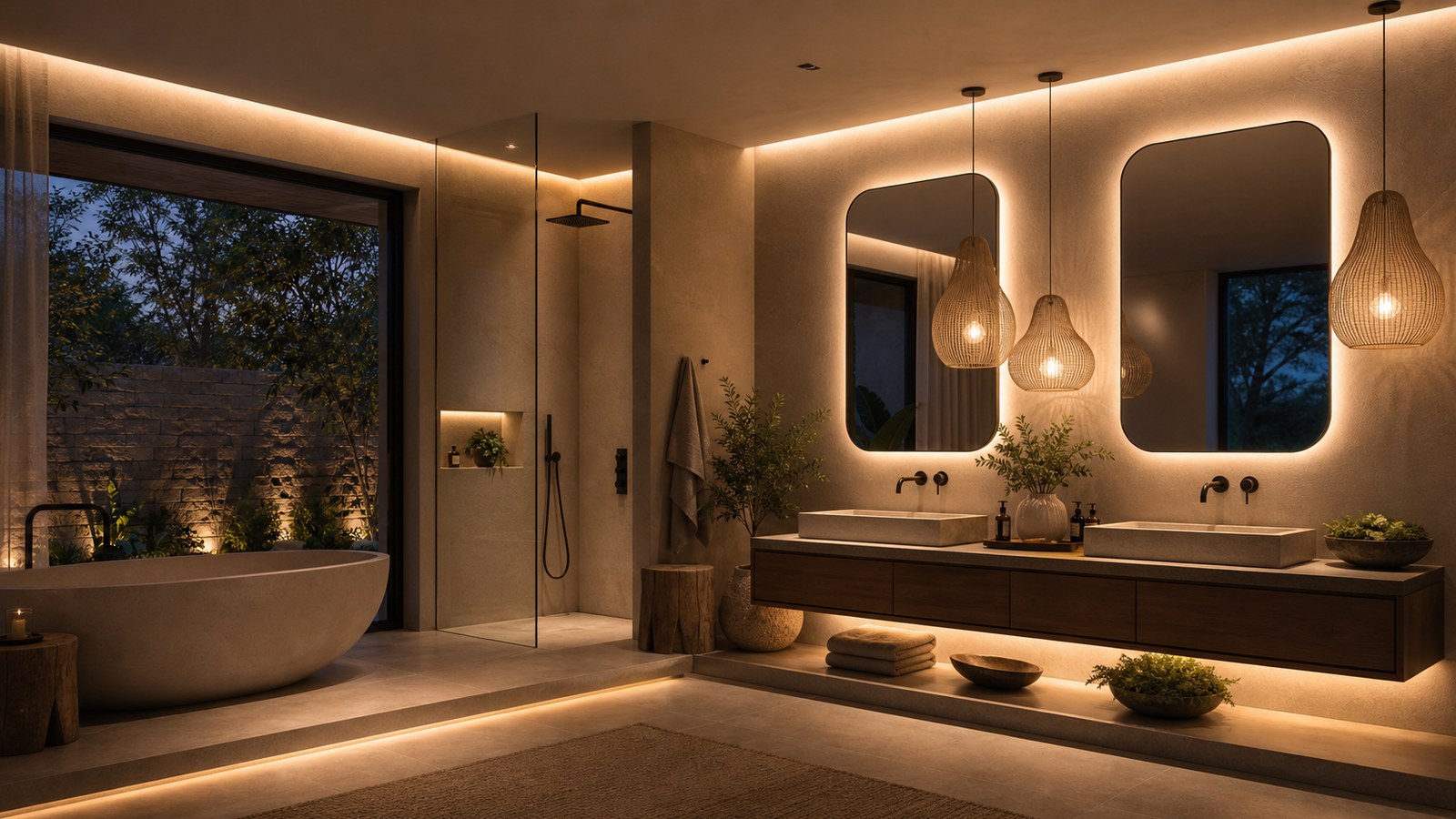 Modern Oasis Bathrooms With Statement Lighting That Feels Soft