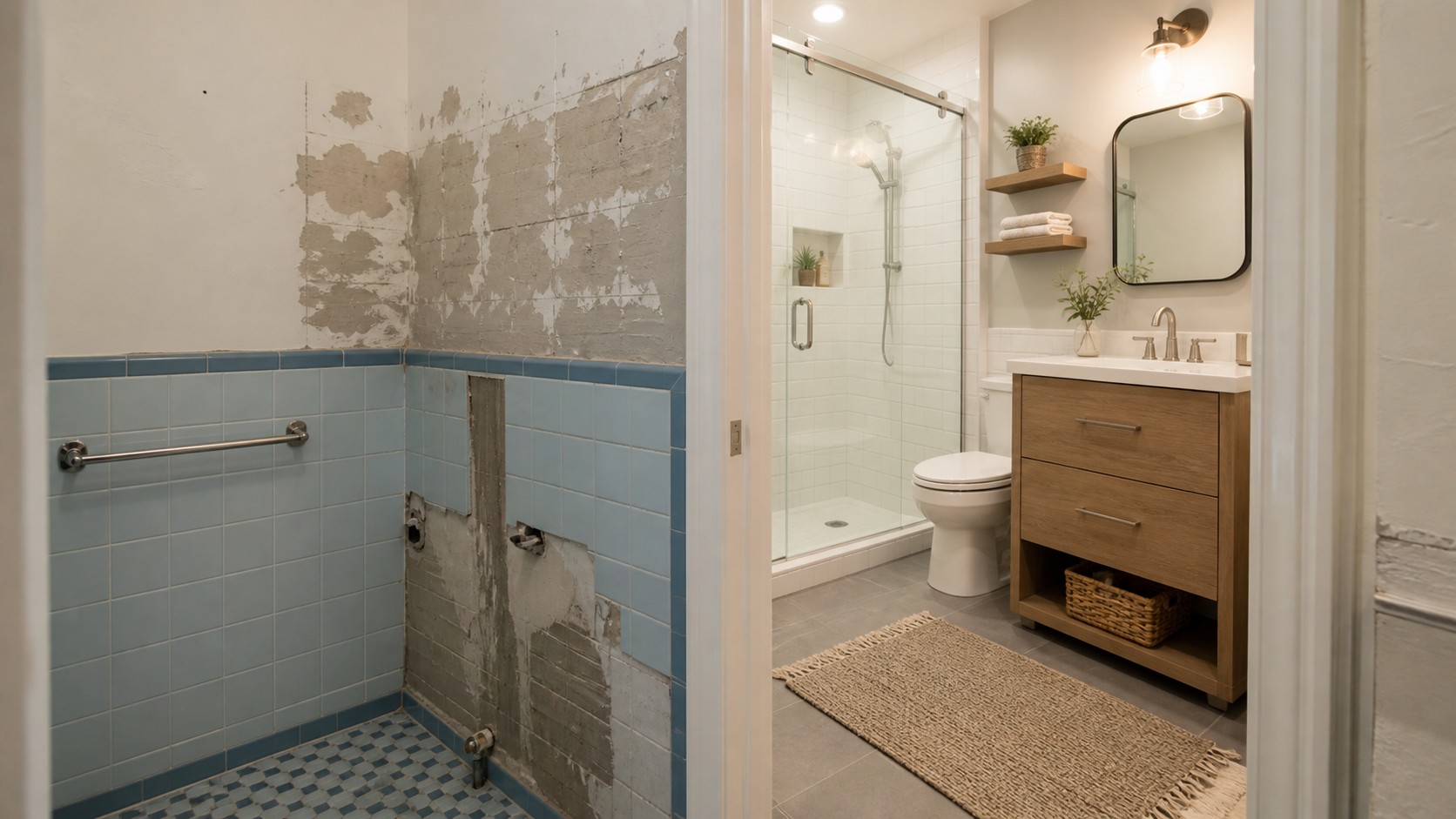 Tiny bathroom transformation showing a dated patch area beside a finished compact bathroom with new shower, vanity, mirror, and storage.