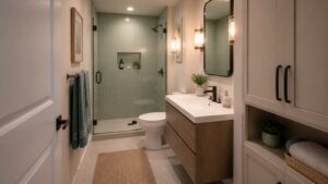 Best Bathroom Layouts for Small Spaces (With Real Examples) shown as a polished editorial bathroom interior