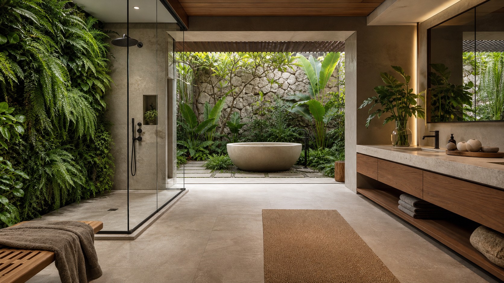Biophilic modern oasis bathroom with living wall, courtyard greenery, stone tub, glass shower, and wood vanity.