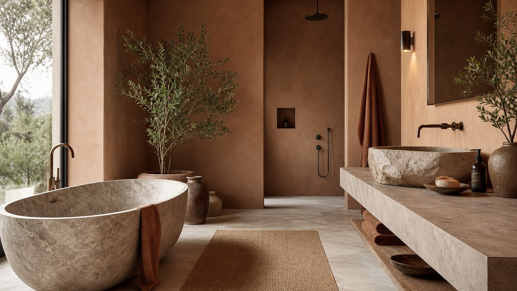 Earthy luxury modern oasis bathroom with clay plaster walls, stone bathtub, stone basin, and terracotta towels.