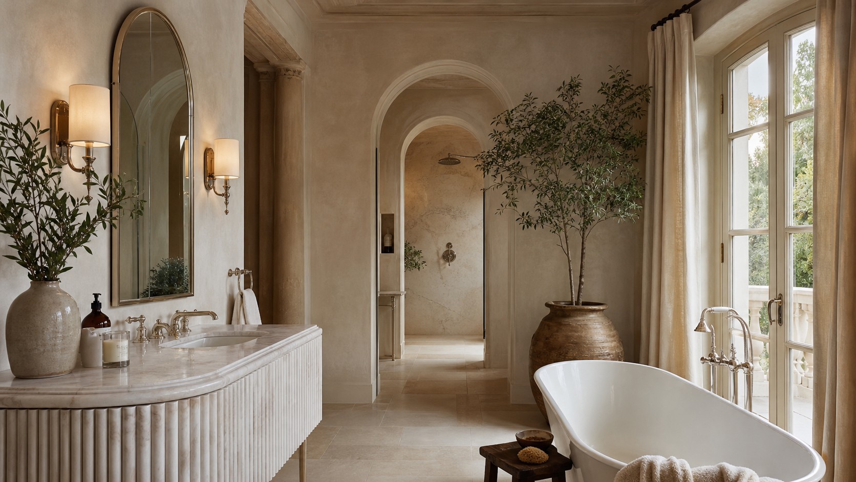 European-inspired luxury spa bathroom with fluted marble vanity, arched mirror, freestanding tub, French doors, and polished fixtures.