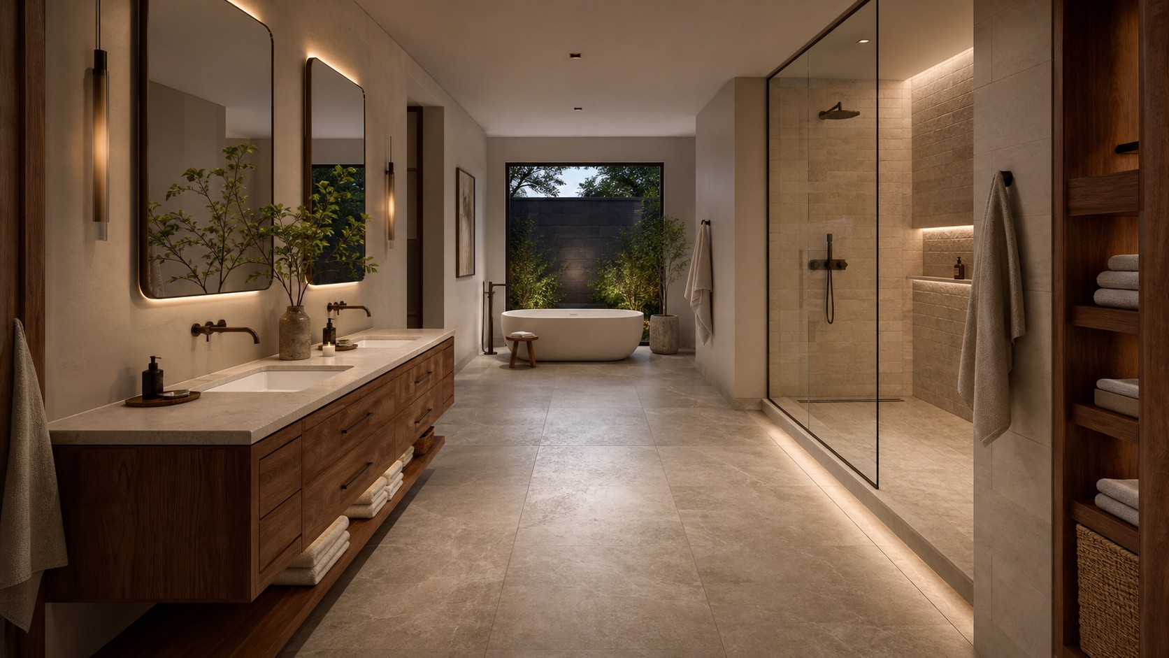 High-end bathroom layout with double vanity, open shower, soaking tub, towel storage, wide stone floor, and clear spa-like circulation.