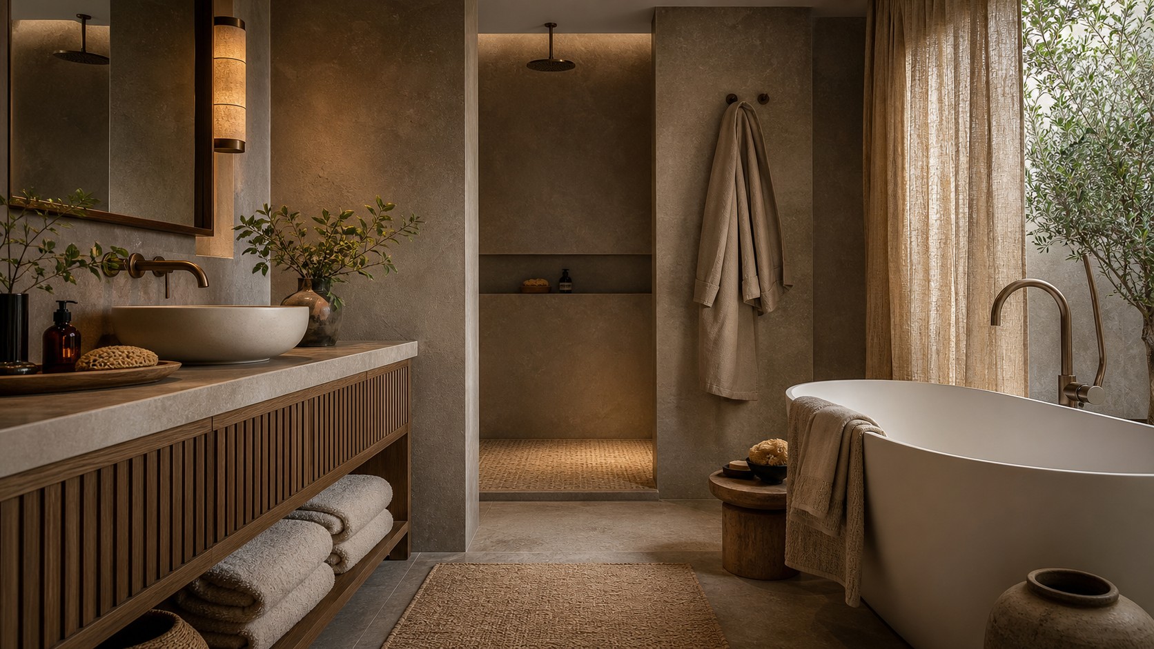 Luxury spa bathroom with layered textures including ribbed wood vanity, honed stone walls, linen curtain, plush towels, and smooth tub.