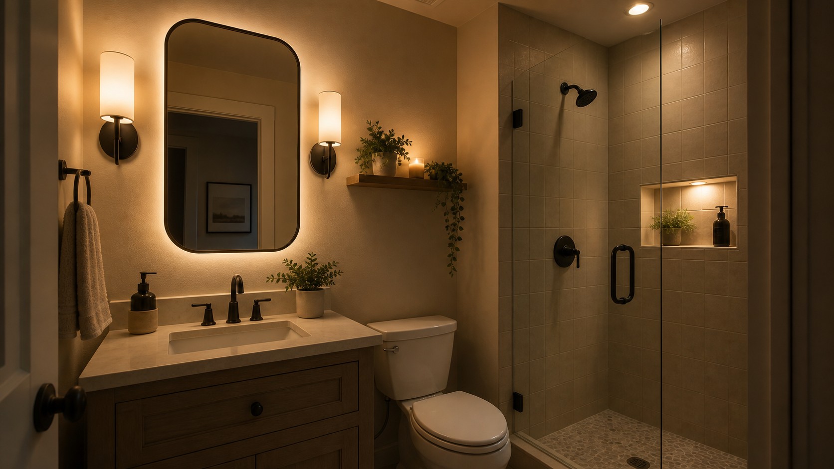 Tiny bathroom transformed by layered sconces, mirror glow, shower niche light, warm recessed lighting, and simple existing tile.