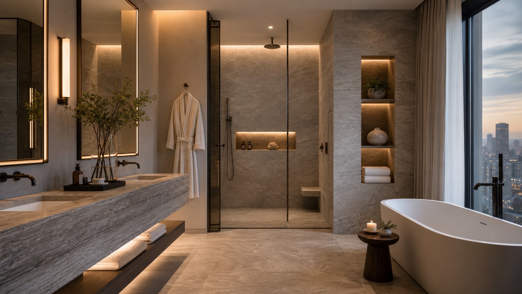 Hotel-inspired luxury spa bathroom with stone wet area, double vanity, robe hook, towel niche, freestanding tub, and city-view window.