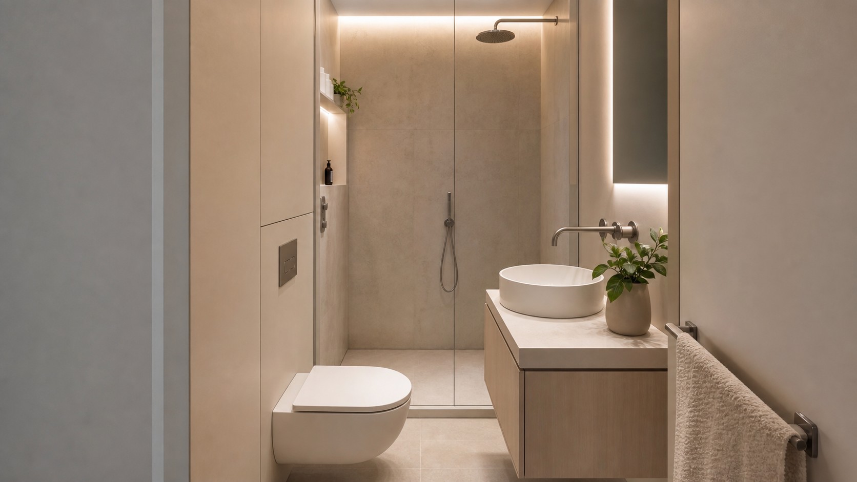 Minimalist tiny bathroom with wall-hung toilet, narrow floating vanity, frameless shower screen, hidden storage, pale surfaces, and one plant.