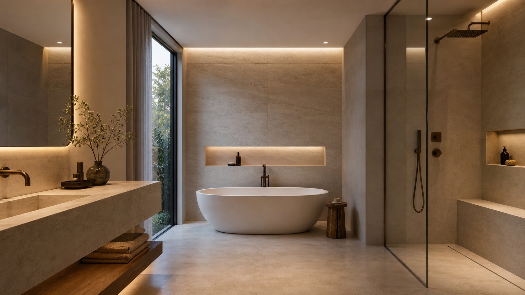 Restrained luxury spa bathroom with freestanding tub, slim stone vanity, glass shower, quiet lighting, and uncluttered surfaces.