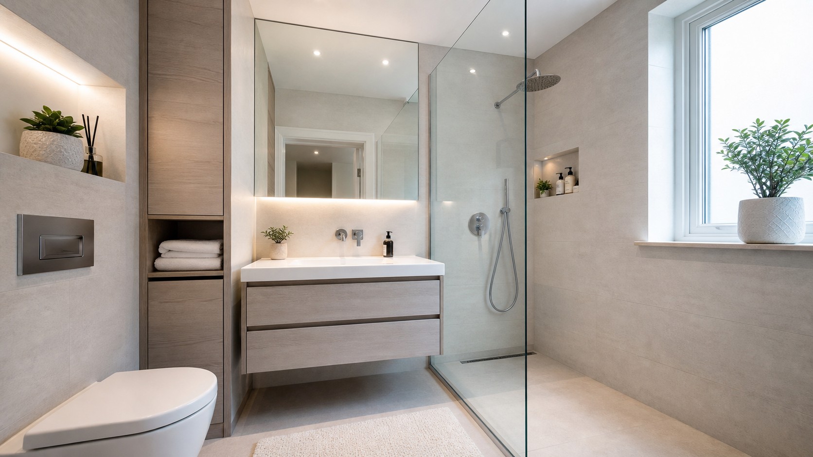 Tiny bathroom with large mirror, pale continuous tile, wall-mounted vanity, glass shower panel, bright window, and vertical storage.