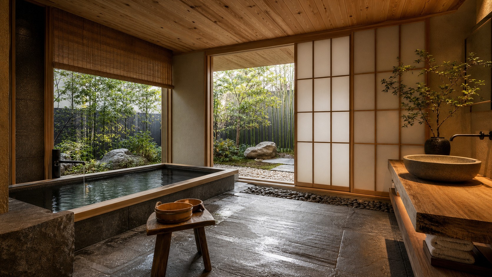 Japanese-inspired luxury spa bathroom with deep soaking tub, cedar ceiling, stone floor, privacy screen, and garden view.