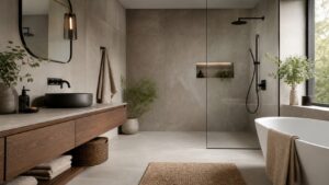 Low-maintenance modern oasis bathroom with slab walls, floating vanity, glass shower, and durable calm finishes.