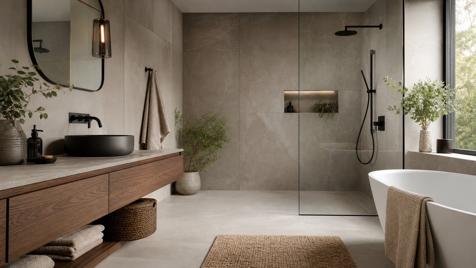 Low-maintenance modern oasis bathroom with slab walls, floating vanity, glass shower, and durable calm finishes.