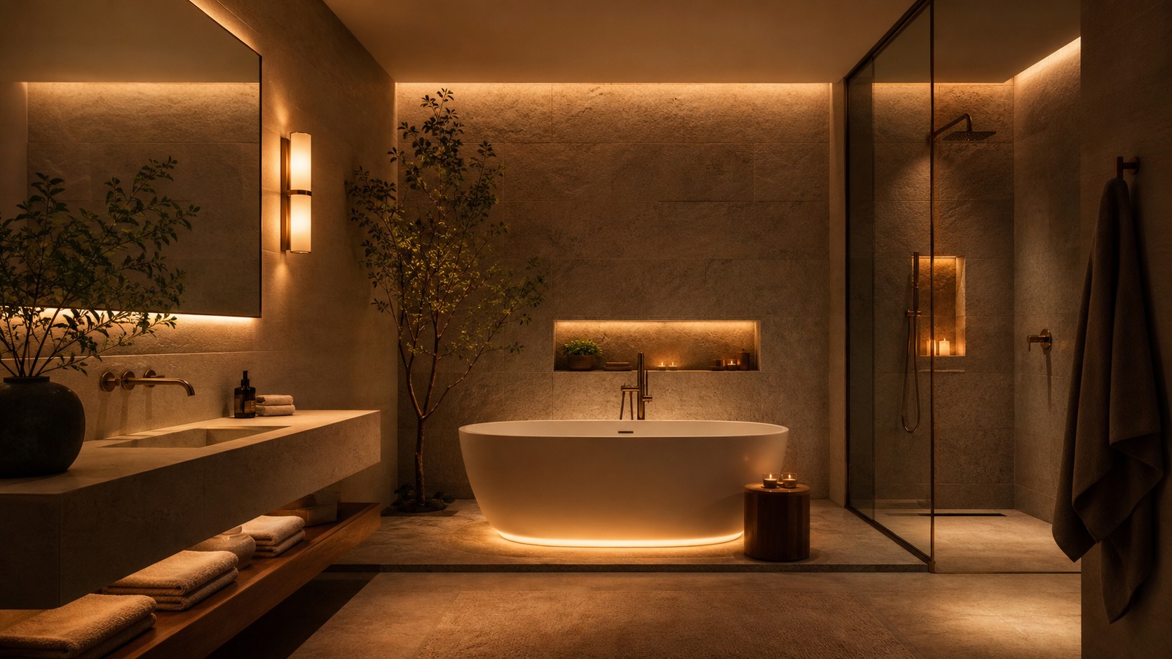 Luxury spa bathroom with layered warm lighting, backlit mirror, cove lighting, glowing tub, and stone walls.
