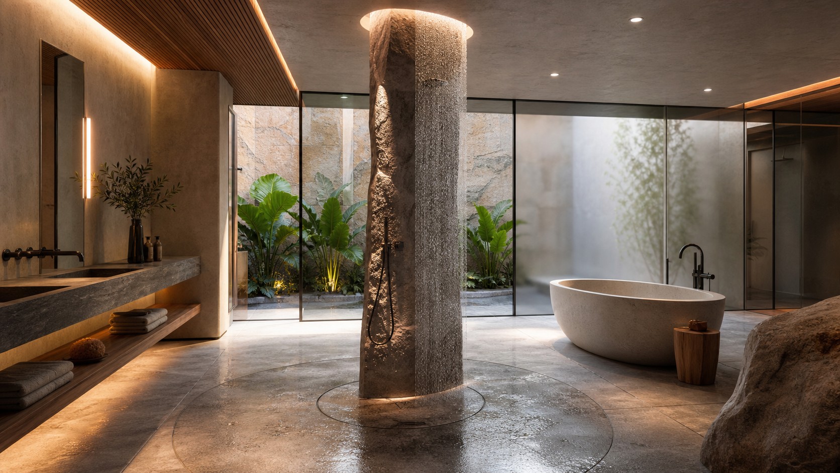 Luxury spa bathroom with freestanding shower column, circular drain, stone wet zone, tub, privacy glass, and architectural lighting.