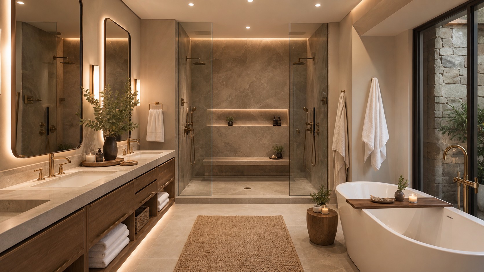 Luxury spa bathroom with double vanity, two mirrors, wide shared shower, bench, towel zones, tub, stone, and warm wood.
