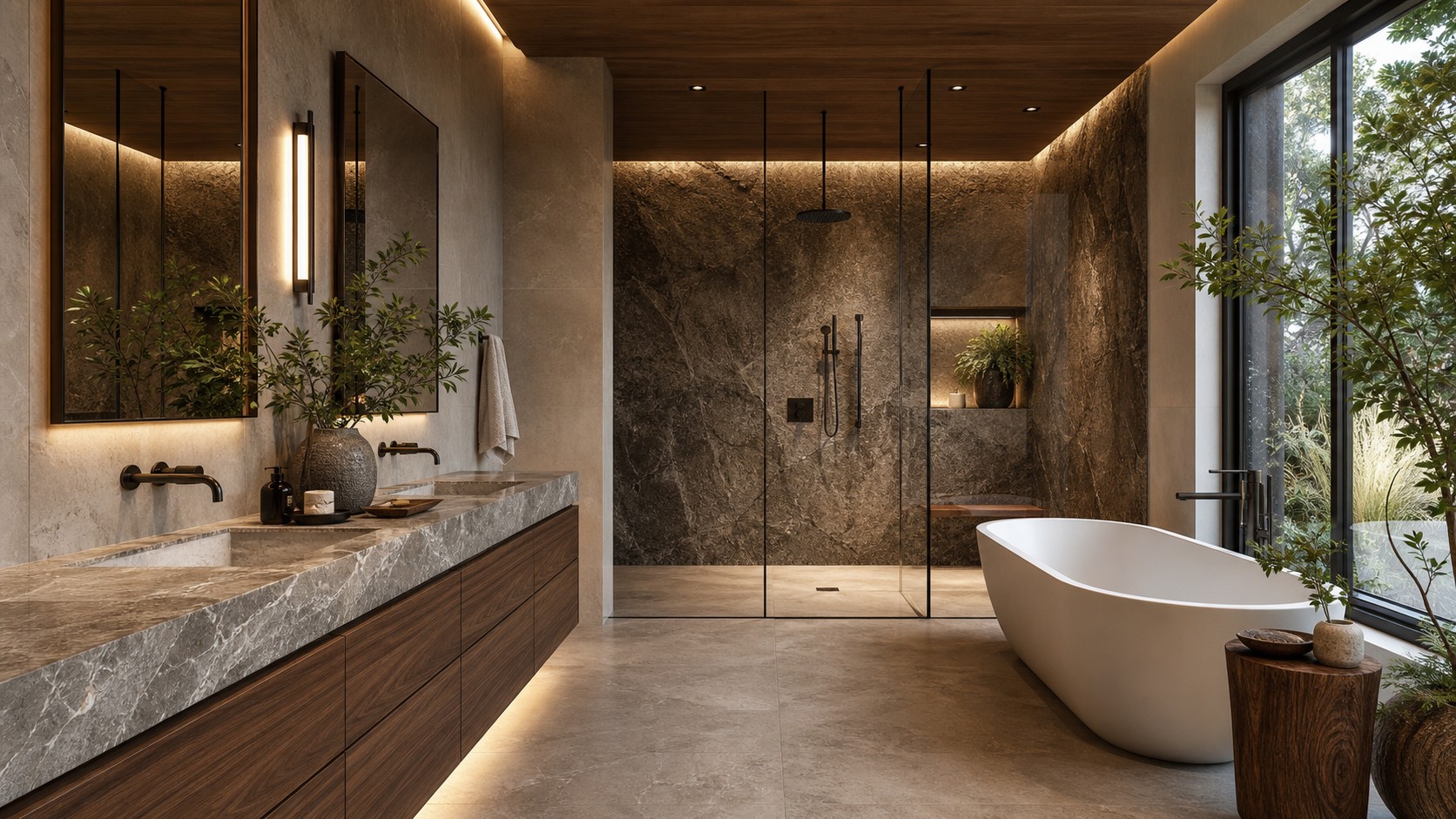 Luxury spa bathroom blending modern design with natural stone, wood ceiling, crisp vanity, glass shower, tub, and restrained greenery.