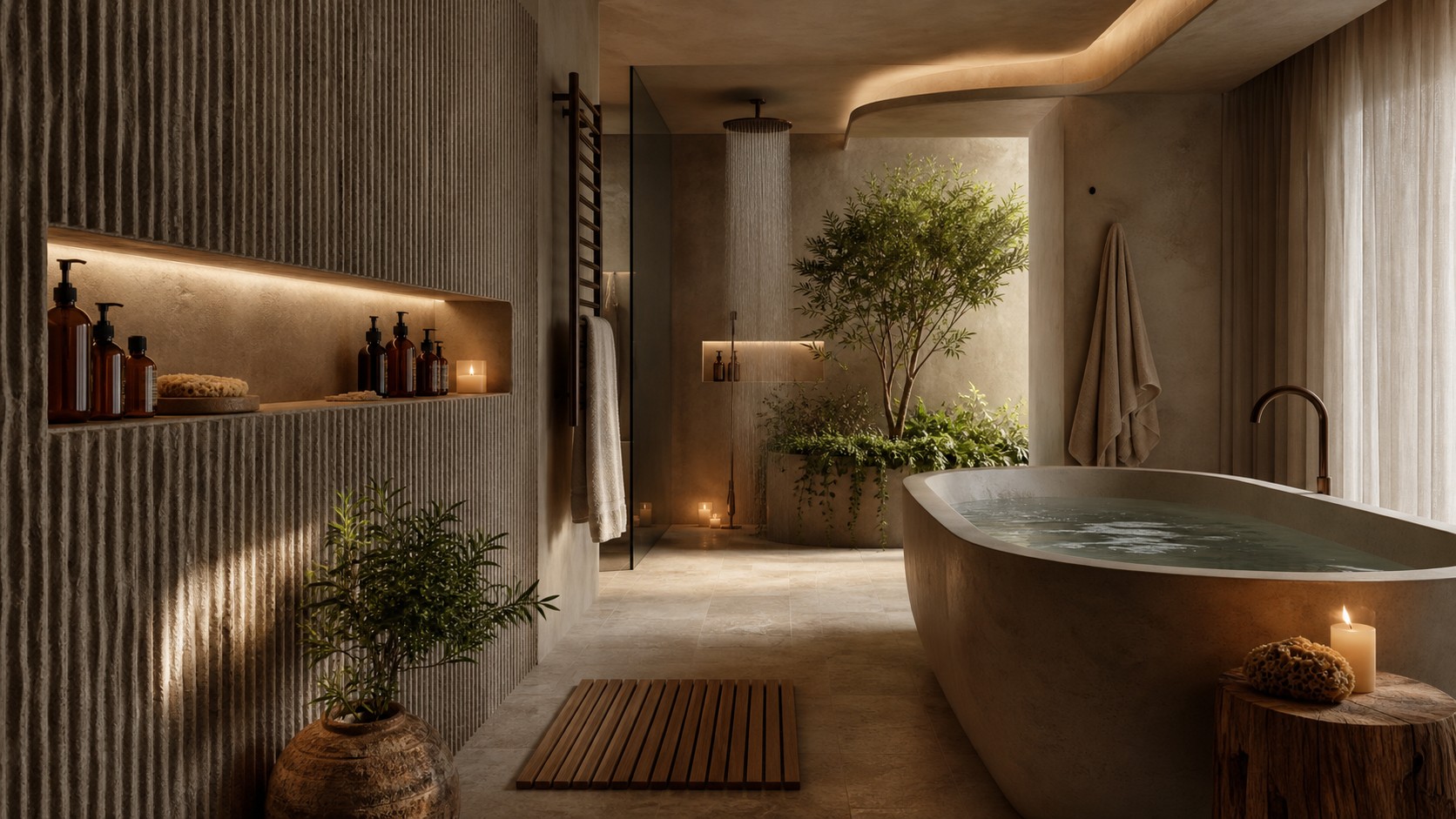 Luxury spa bathroom with ribbed stone wall, soaking tub, scent niche, towel warmer, rainfall shower, candle glow, and tactile materials.
