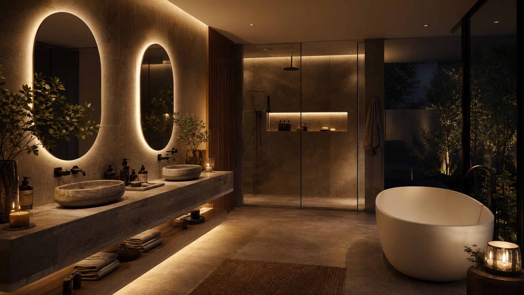 Luxury spa bathroom with backlit mirrors, stone double vanity, ambient cove lighting, freestanding tub, and glass shower.