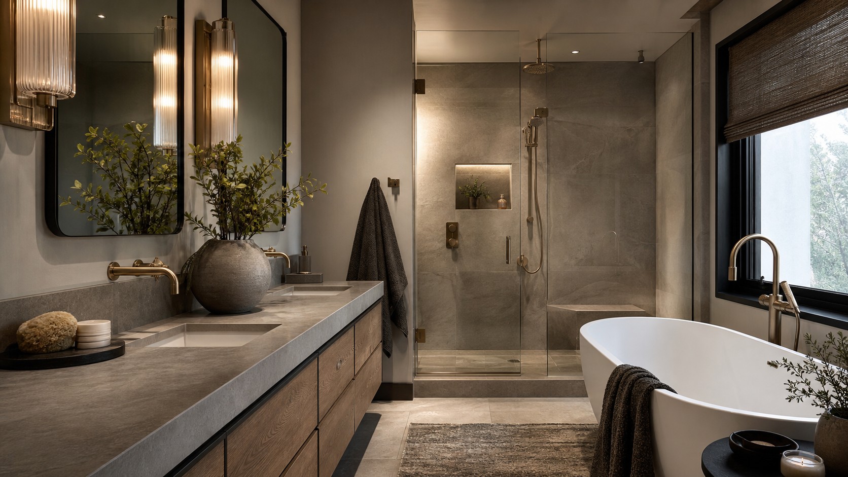 Luxury spa bathroom with brushed metal fixtures, matte stone surfaces, soft black accents, freestanding tub, and glass shower.