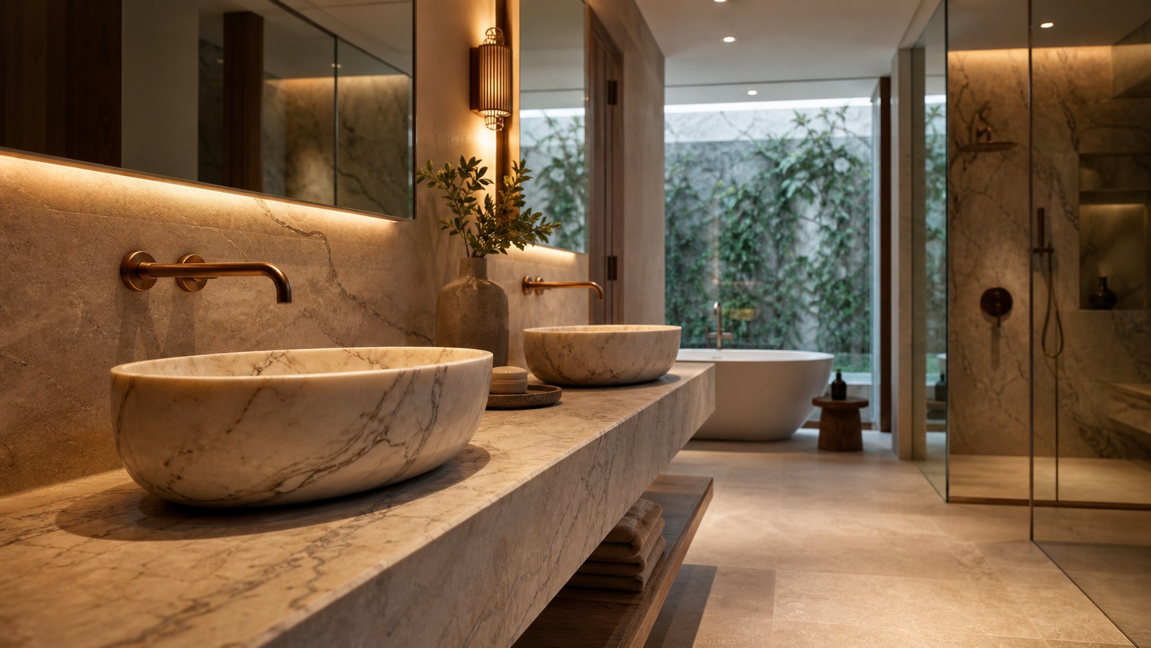 Luxury spa bathroom with two custom carved marble basins, wall-mounted faucets, floating stone vanity, tub, and glass shower.