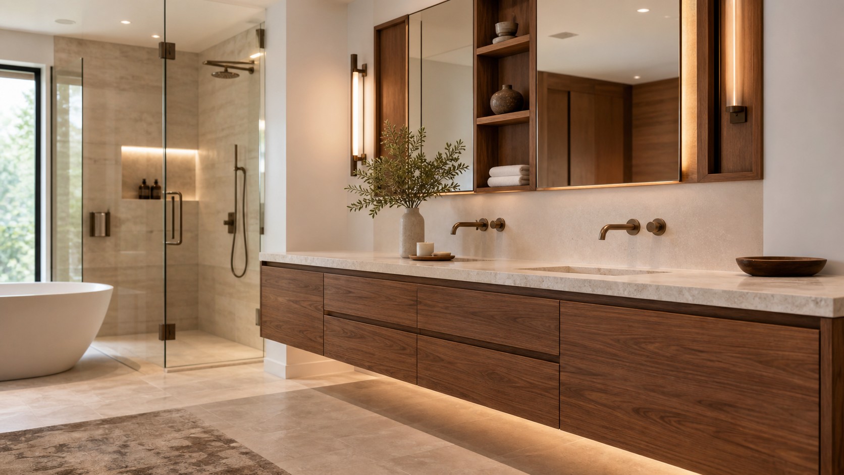 Luxury spa bathroom with long custom floating walnut double vanity, stone sinks, recessed cabinets, glass shower, and warm lighting.