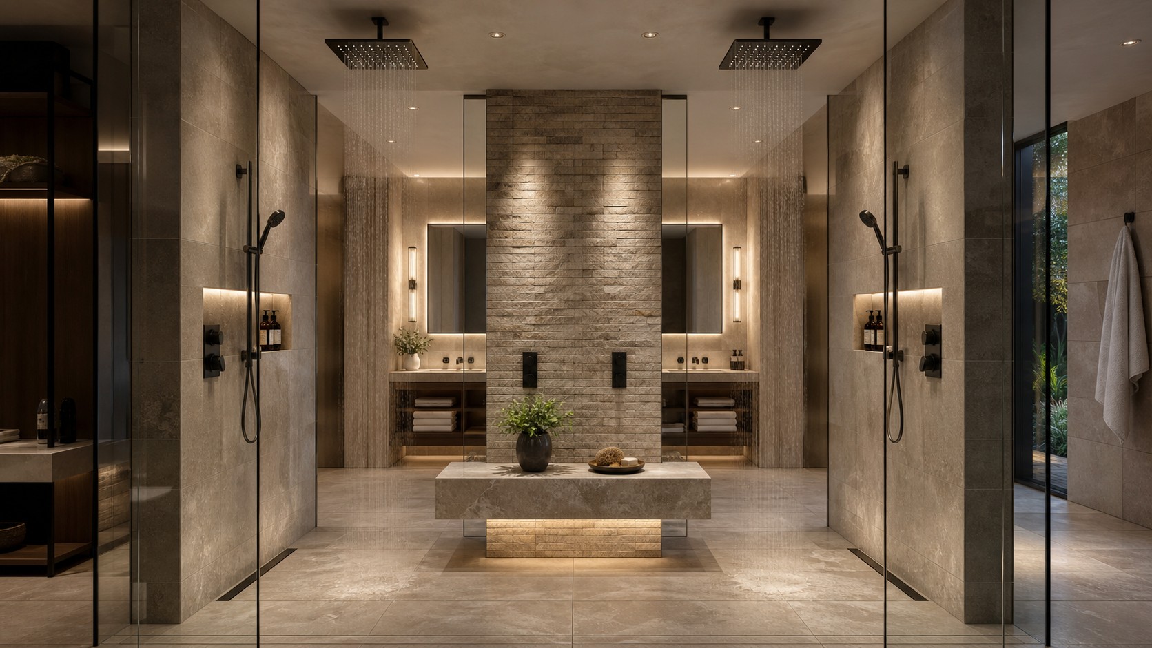 Luxury spa bathroom with dual rain showers, separate hand showers, shared stone bench, frameless glass, and symmetrical wet area.