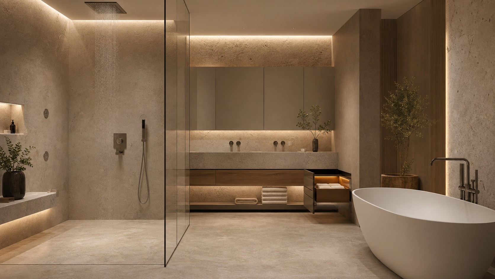 Luxury spa bathroom with discreet shower controls, hidden lighting, seamless medicine cabinets, towel drawer, tub, and stone surfaces.