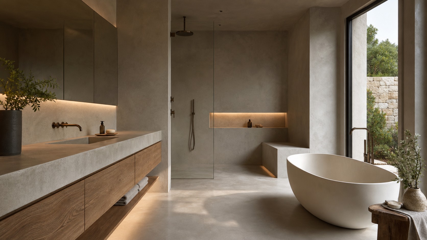 Luxury spa bathroom with seamless microcement walls and floors, integrated shower bench, floating oak vanity, tub, and glass shower.