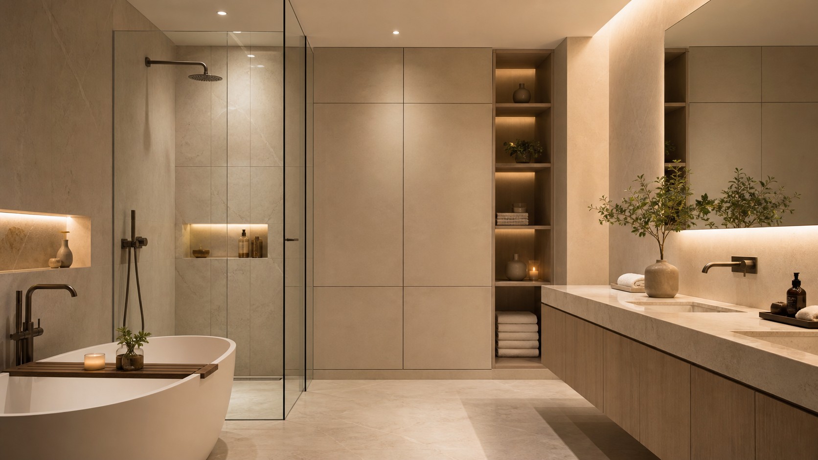 Luxury spa bathroom with handleless floating vanity, concealed storage wall, recessed shelves, glass shower, and uncluttered counters.