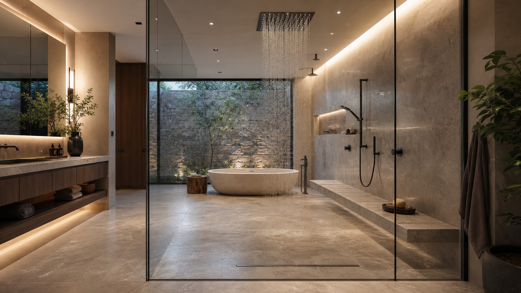 Luxury spa bathroom with oversized walk-in wet room, rain shower, soaking tub, stone bench, glass walls, and linear drain.