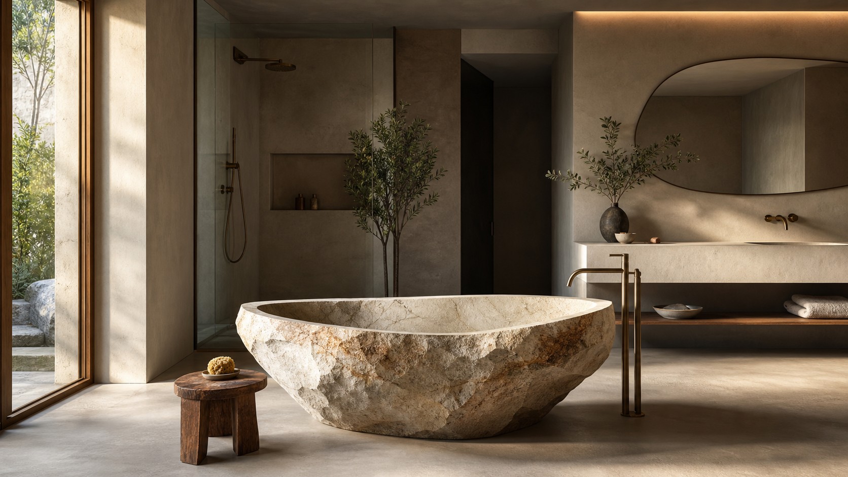 Luxury spa bathroom with carved stone sculptural bathtub, quiet plaster walls, glass shower, floating vanity, and natural light.