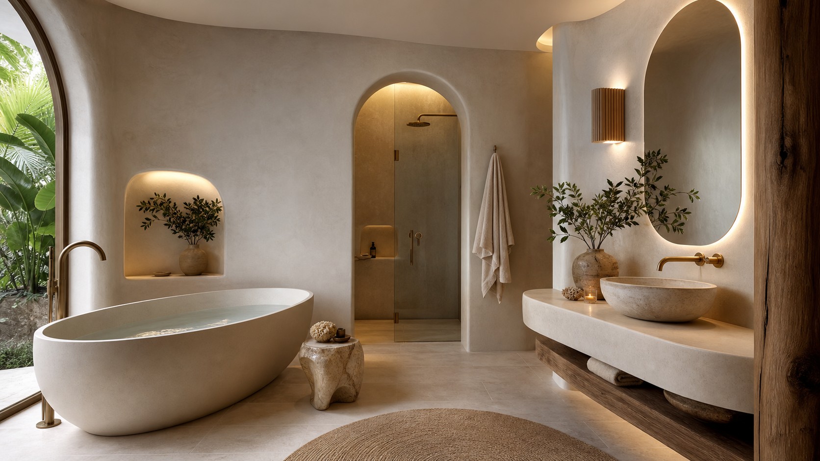 Luxury spa bathroom with rounded plaster walls, oval tub, arched shower entry, curved vanity, and warm indirect lighting.