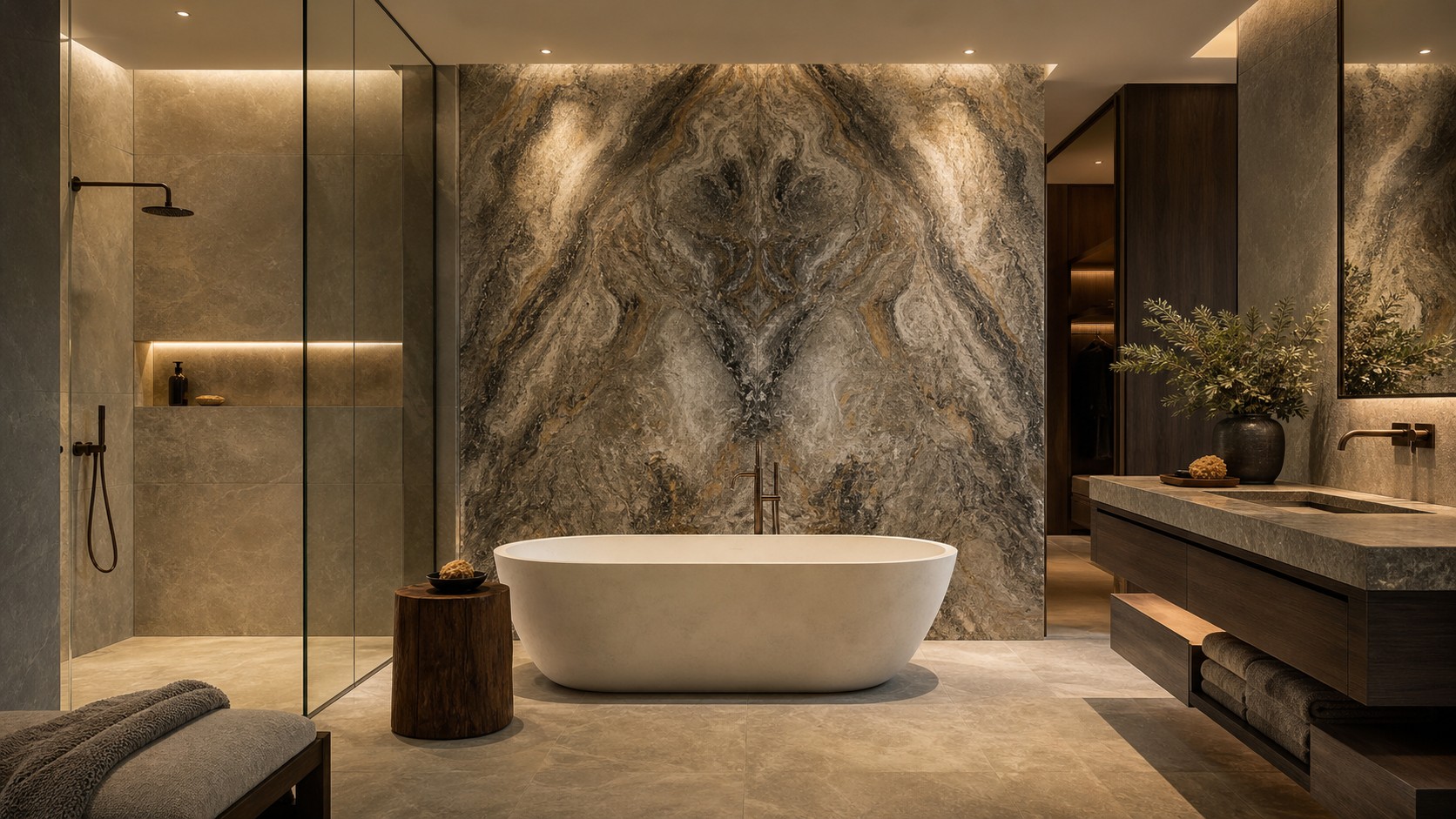 Luxury spa bathroom with dramatic full-height statement stone wall behind a freestanding tub, glass shower, and warm recessed lighting.
