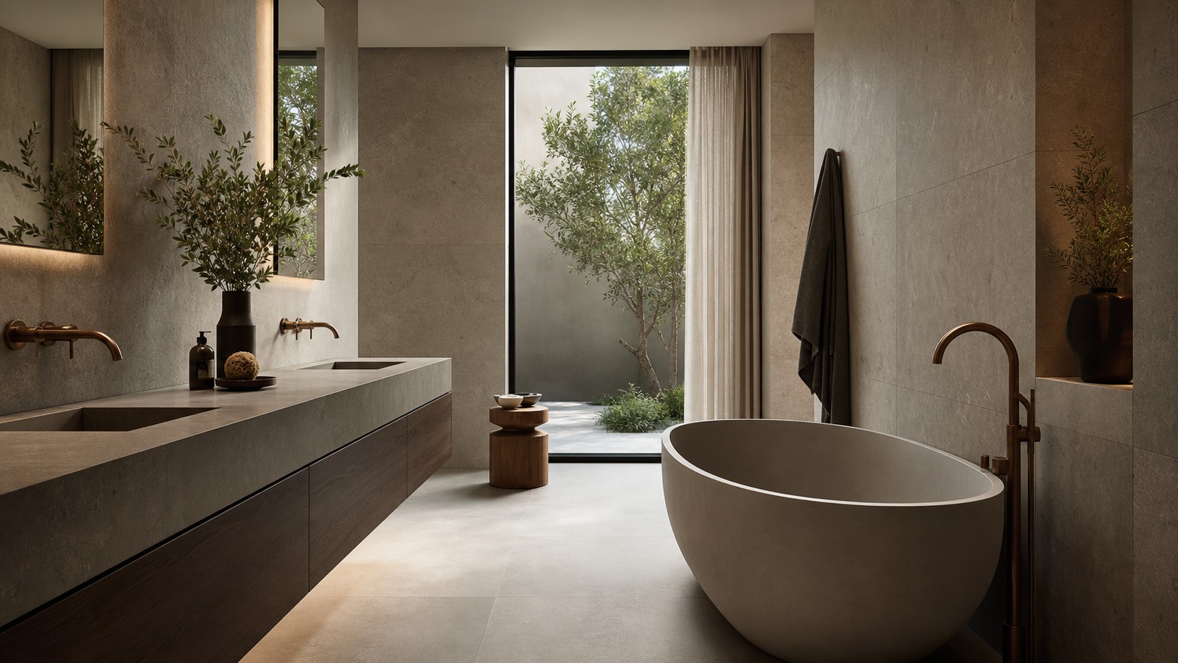 Modern oasis bathroom with matte stone walls, honed countertop, matte fixtures, floating vanity, and soft daylight.