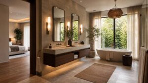 Modern oasis master suite bathroom with bedroom view, floating double vanity, soaking tub, and warm layered lighting.