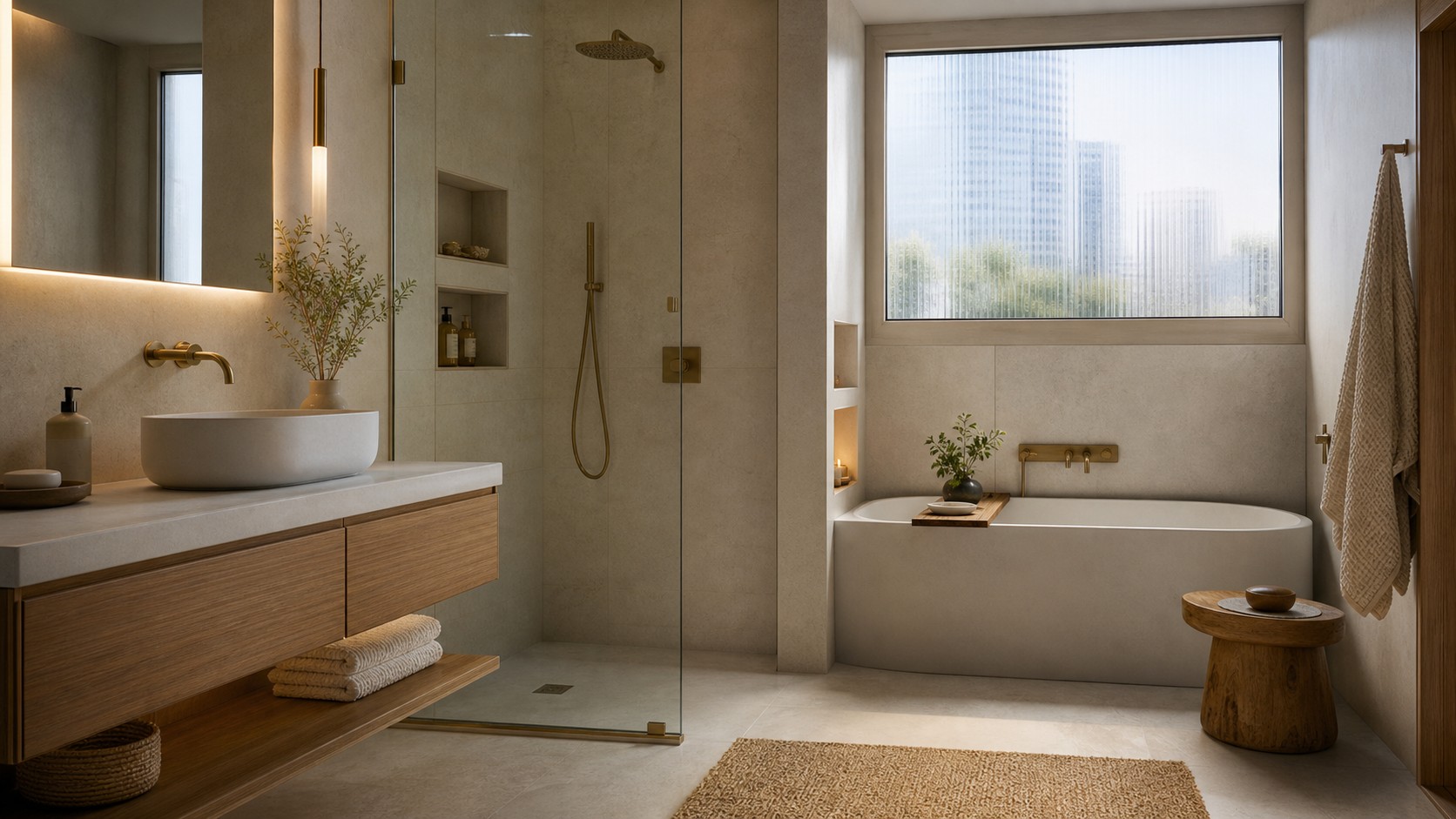 Compact urban apartment modern oasis bathroom with wall-hung vanity, glass shower, soaking tub, city window, and built-in niches.