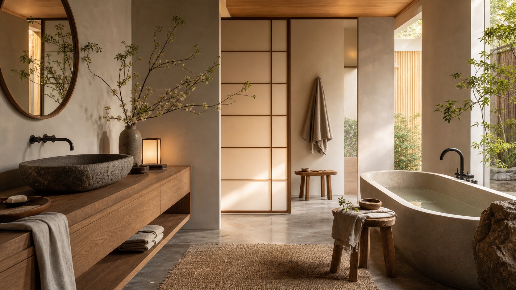 Japandi spa modern oasis bathroom with low wood vanity, stone basin, soaking tub, privacy screen, and linen towels.