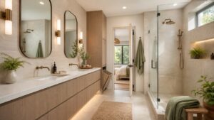 Modern oasis bathroom for a busy home with double vanity, closed storage, glass shower, and calm durable finishes.