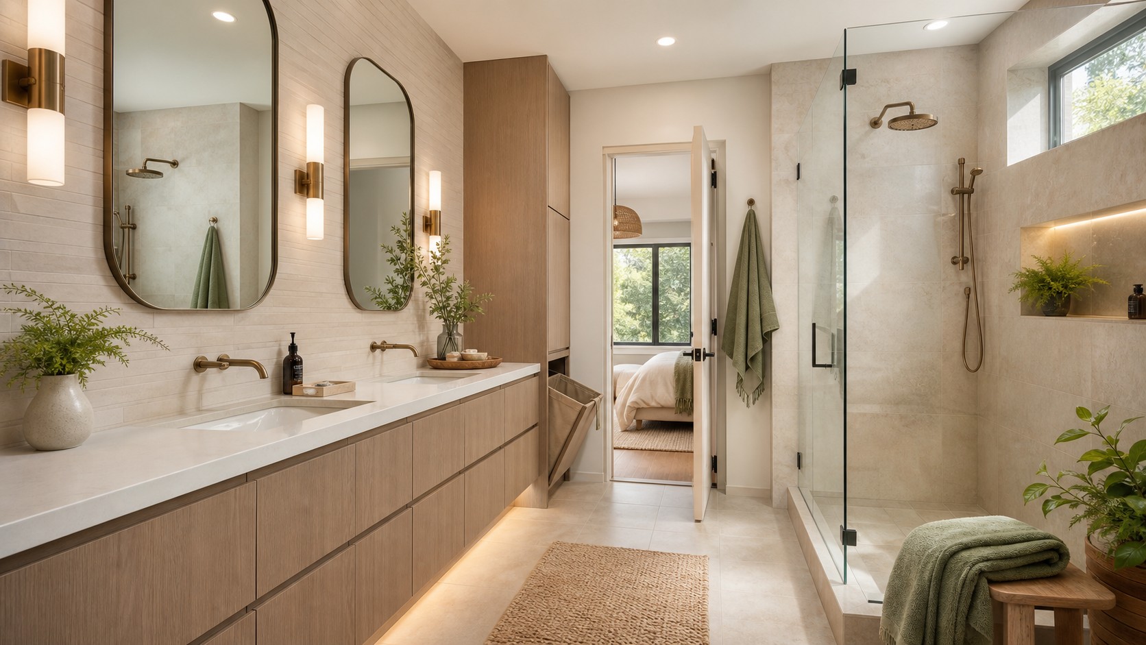 Modern oasis bathroom for a busy home with double vanity, closed storage, glass shower, and calm durable finishes.