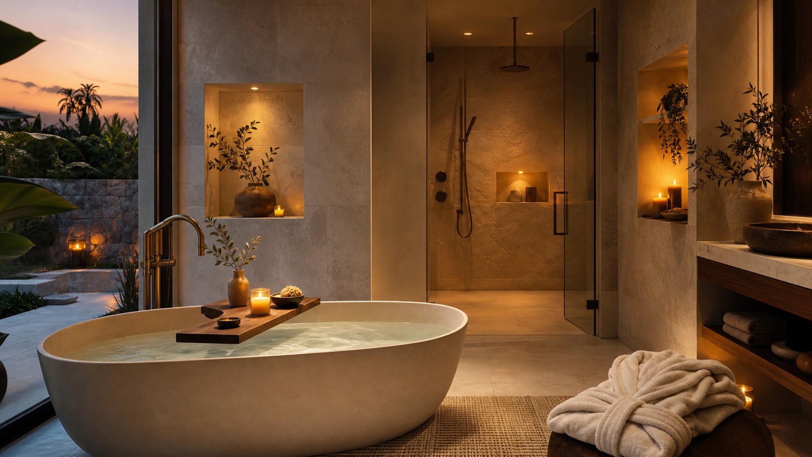 Modern oasis bathroom focused on bathing ritual with soaking tub, bath tray, robe, warm niches, and evening light.