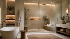 Modern oasis bathroom with integrated shower bench, spa niche, freestanding tub, and soft warm lighting.