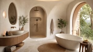 Modern oasis bathroom with arched shower, rounded vanity, oval tub, and soft plaster curves.
