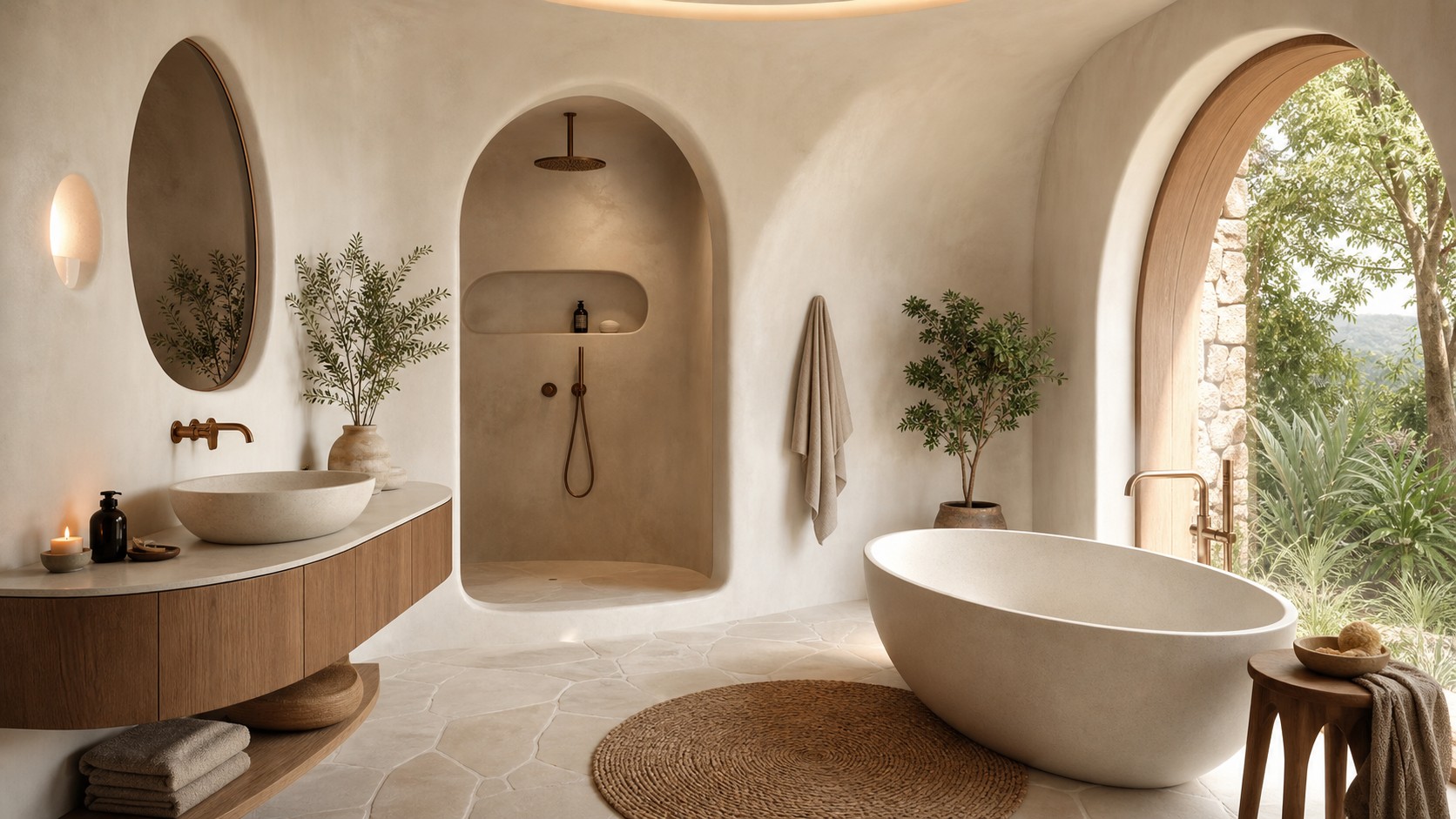 Modern oasis bathroom with arched shower, rounded vanity, oval tub, and soft plaster curves.