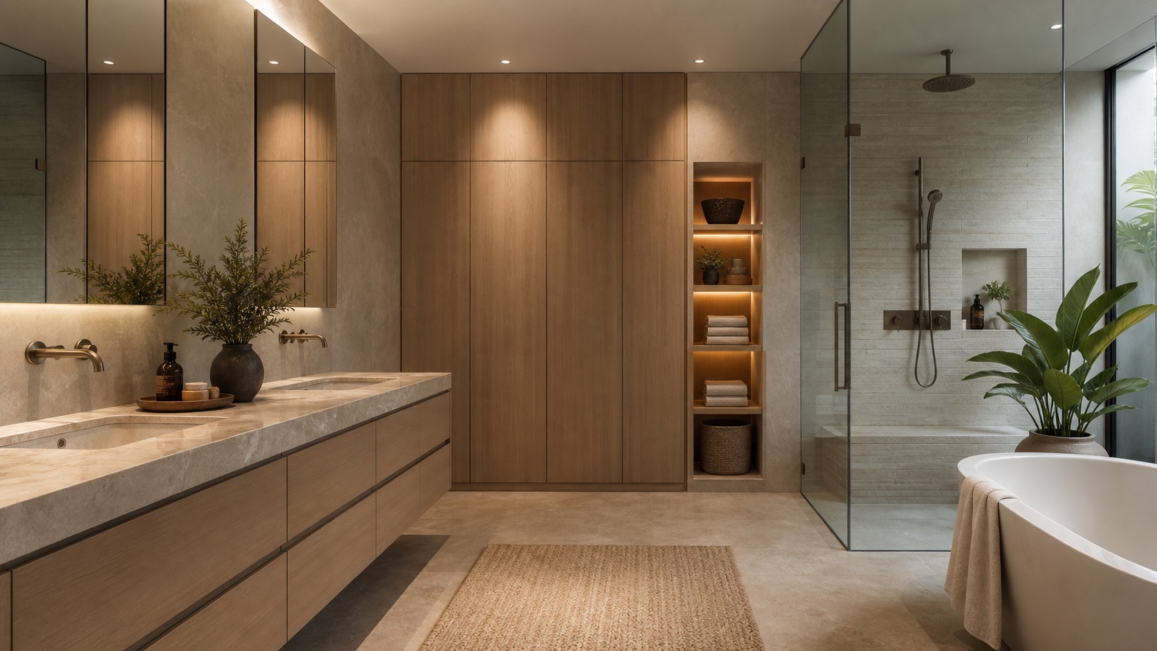 Modern oasis bathroom with seamless tall storage wall, recessed mirrors, floating drawers, clear vanity, and glass shower.