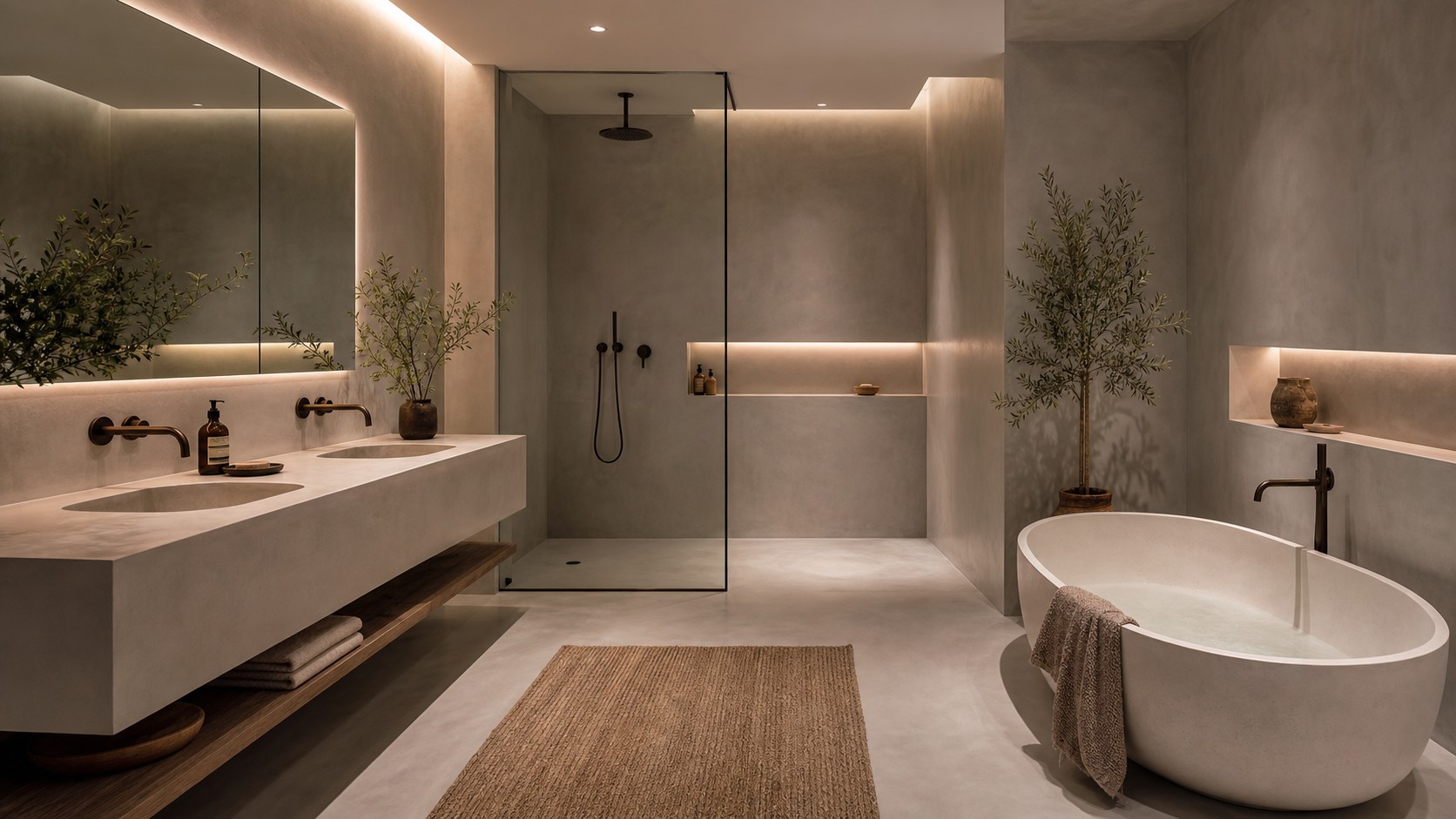 Modern oasis bathroom with seamless warm gray microcement walls, floating vanity, glass shower, and cove lighting.