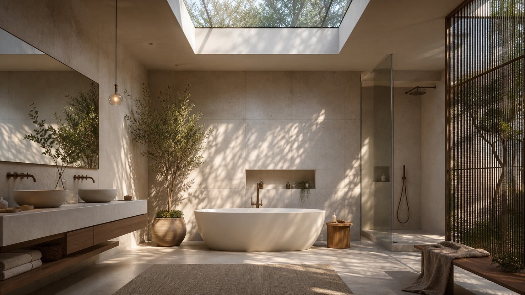 Modern oasis bathroom with large skylight, soft shadow patterns, freestanding tub, glass shower, and pale stone walls.