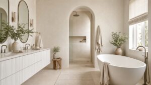 Monochromatic ivory modern oasis bathroom with fluted vanity, arched shower opening, tub, and layered white textures.