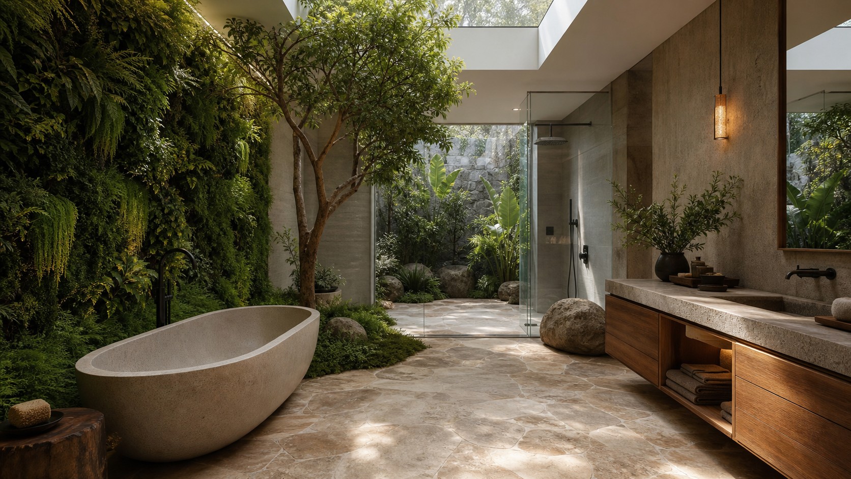 Nature-inspired luxury spa bathroom with living green wall, indoor tree, skylight, stone tub, wood vanity, and garden-facing shower.