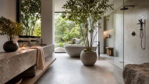Nature-inspired modern oasis bathroom with sleek stone vanity, indoor tree, glass shower, and greenery view.