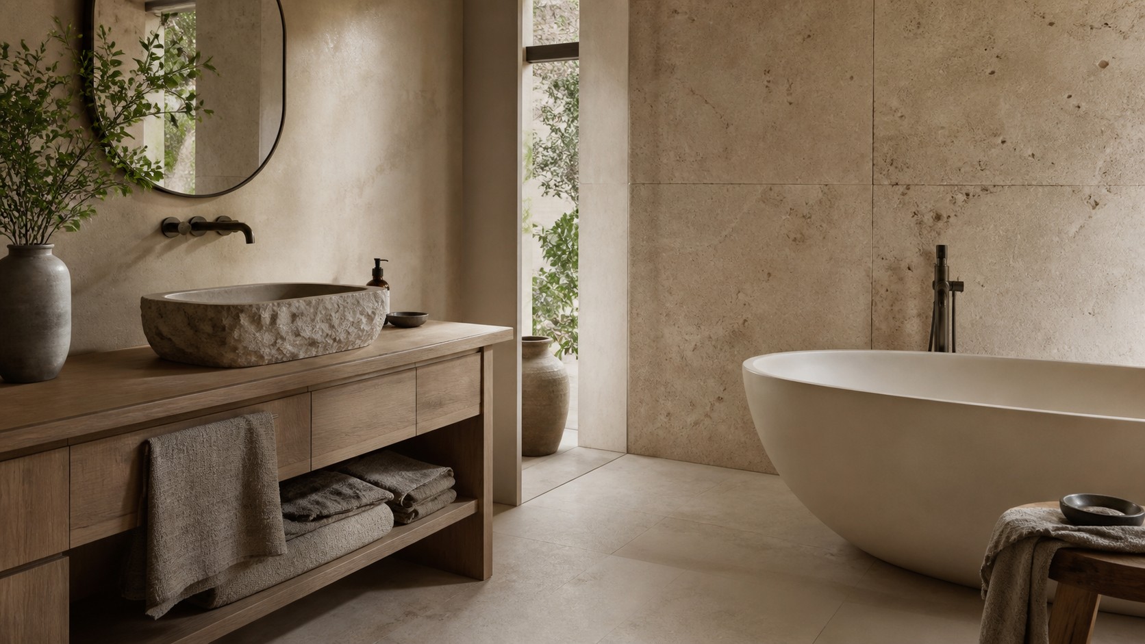 Organic luxury spa bathroom with honed limestone walls, raw-edge stone basin, wood vanity, freestanding tub, linen towels, and matte fixtures.